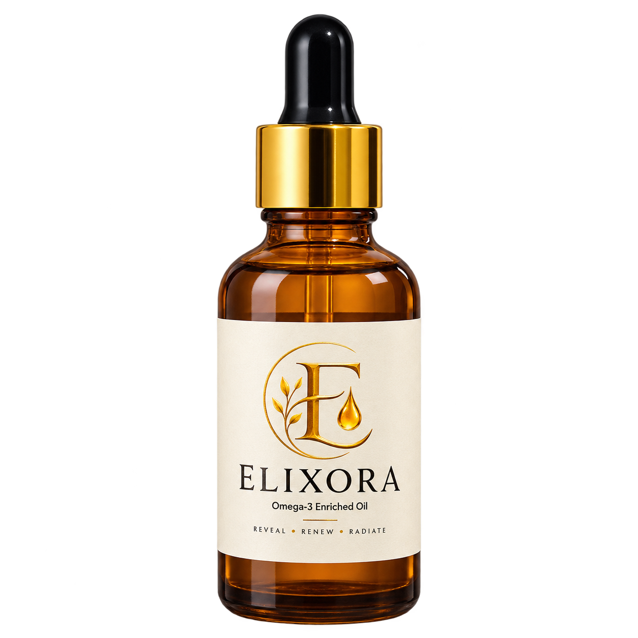 Elixora Omega-3 Enriched Oil in amber glass with gold dropper